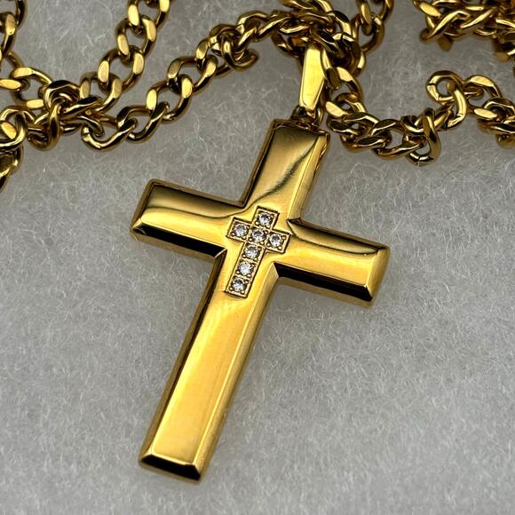 Blackjack BJP48G Mens 18K Gold Plated Stainless Steel Cross Necklace with CZ NWT - Picture 15 of 15